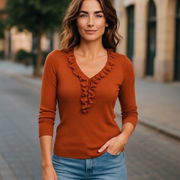 SoCa ST JOHN Knit V-Neck Top Sz M Pumpkin Brown Ruffle Neckline - Picture 1 of 14